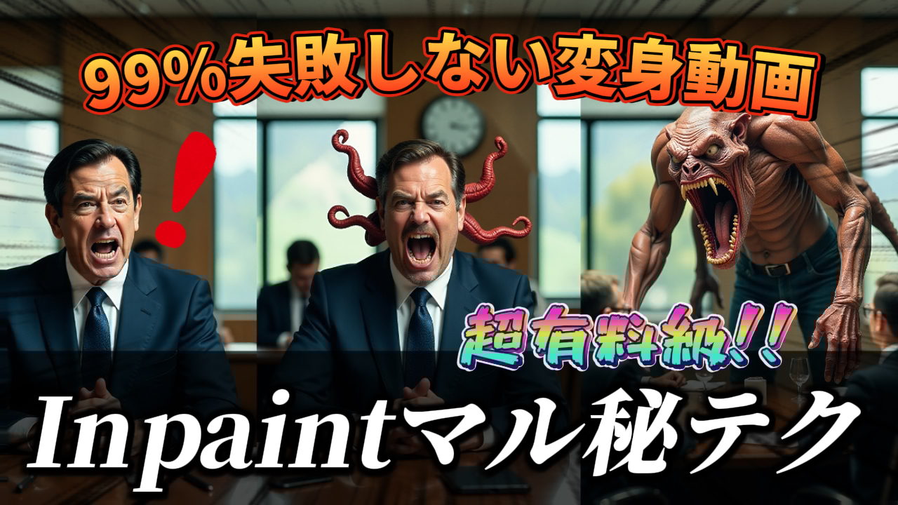Stable DiffusionのInpaint機能を使ってAIで変身動画を作成する方法を紹介するYouTube動画のサムネイル画像。「AI変身動画 失敗しない！Inpaint㊙テク」というテキストが含まれています。 キーワード: Stable Diffusion, Inpaint, AI変身動画, 画像生成AI, サムネイル