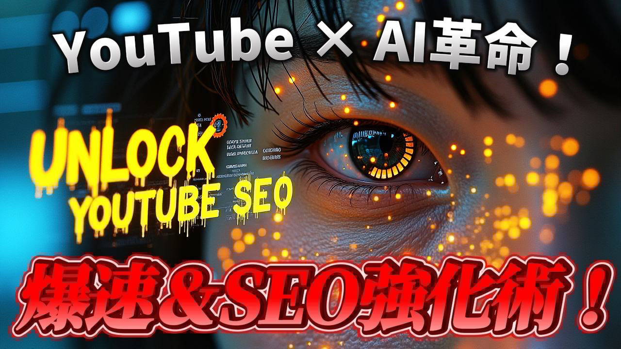 AIの進化を示すデジタルな目元のアップ画像。テキスト「YouTube × AI革命！」「UNLOCK YOUTUBE SEO」「爆速＆SEO強化術！」が配置され、AIによるYouTubeのメタデータ自動生成とSEO強化の可能性を示唆する。キーワード: YouTube, AI, メタデータ自動生成, SEO強化