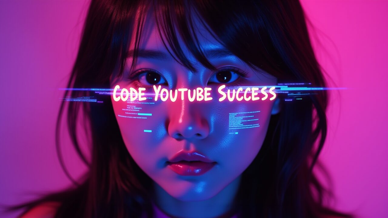 ピンクと青のネオンライトに照らされた女性の顔のクローズアップ。顔には「CODE YOUTUBE SUCCESS」の文字と、コードのような模様が投影されています。YouTubeチャンネルのデータ分析を自動化し、成功に導く方法を解説する記事のイメージ画像です。YouTube, データ分析, 自動化, Google Apps Script, プログラミング