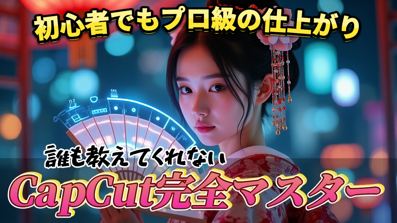 扇子を持つ着物姿の女性の画像。動画編集ソフトCapCutの使い方を紹介するYouTube動画のサムネイルです。CapCut, 動画編集, 初心者, チュートリアル