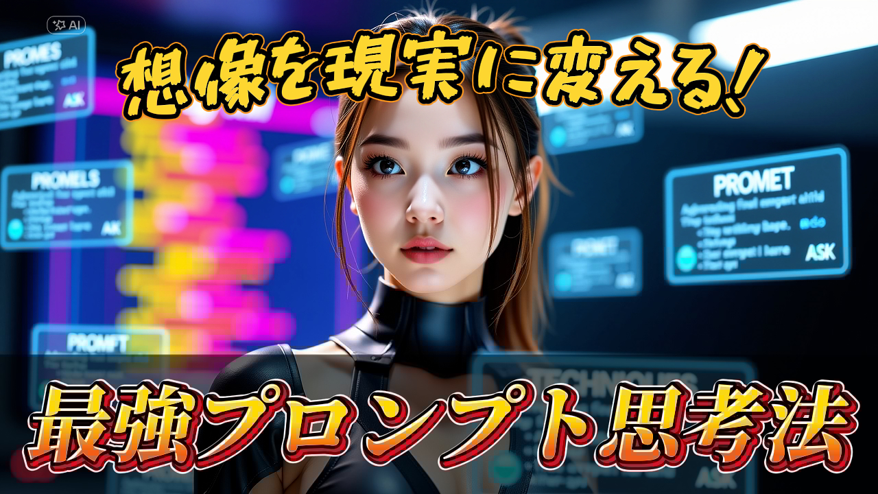 AI技術に関する解説動画のサムネイル画像。中央に女性の顔があり、周囲にはAIプロンプトに関するテキストが表示されています。動画の内容は、AIを使って特定のテーマの動画を生成する方法についてです。 AI, 動画生成, プロンプト, 指示書
