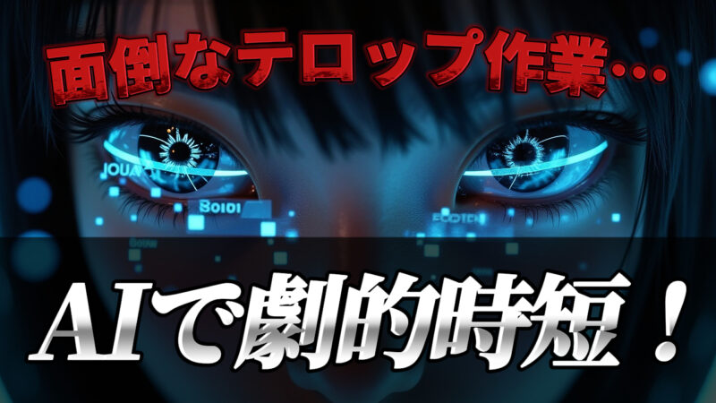 「AIで劇的時短！」という文字とデジタル表示が映る目元のアップ画像。AIによる動画編集の字幕（テロップ）作業効率化を象徴する。AI, 字幕, 動画編集, 時短