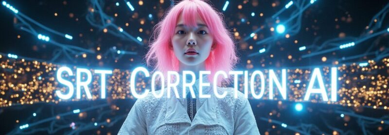 青いデジタルネットワークを背景に、ピンク髪の女性が正面を見つめる。手前に「SRT CORRECTION : AI」の文字が光り、AIによるSRT字幕修正のコンセプトを示す。SRT, AI, 字幕, 修正