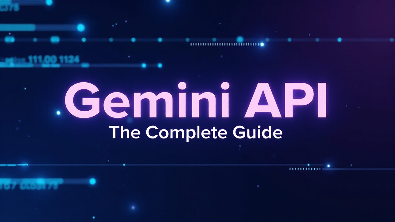 紫とピンクのネオンカラーで「Gemini API」と書かれたテキストが、暗い背景に浮かび上がっています。テキストの下には「The Complete Guide」という小さな白い文字が添えられています。背景には、青い光の粒子とデータのような数字の列が流れており、未来的な雰囲気を醸し出しています。Gemini API, Google AI, マルチモーダル, 大規模言語モデル
