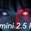 瞳にコンピューター画面を映し、顔に光点が散る女性のクローズアップ。Google AIが開発したAIモデル「Gemini 2.5 Pro」を象徴する画像。マルチモーダル能力を示唆する。Gemini 2.5 Pro, AIモデル, Google AI, マルチモーダル