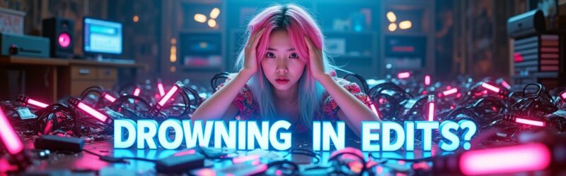 ピンクと青の髪の女性が、大量のケーブルと光る機材に囲まれ頭を抱える。動画編集の悩みを象徴する画像。「DROWNING IN EDITS?」の文字。動画編集, 効率化, CapCut, AI