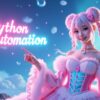 ピンク髪の女性が「Python Automation」のネオンを指差す。Pythonによる動画編集自動化の環境構築（FFmpeg, moviepy）解説記事の導入画像。Python 自動化, 動画編集, FFmpeg, moviepy