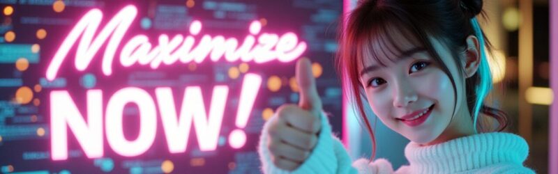 「Maximize NOW!」のネオンを背に、笑顔の女性がサムズアップ。動画編集のAIによる効率化をアピールする。CapCut活用で時間を最大化。動画編集, 効率化, AI, CapCut
