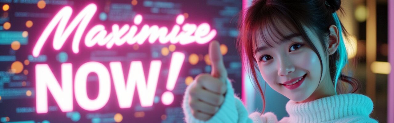 「Maximize NOW!」のネオンを背に、笑顔の女性がサムズアップ。動画編集のAIによる効率化をアピールする。CapCut活用で時間を最大化。動画編集, 効率化, AI, CapCut
