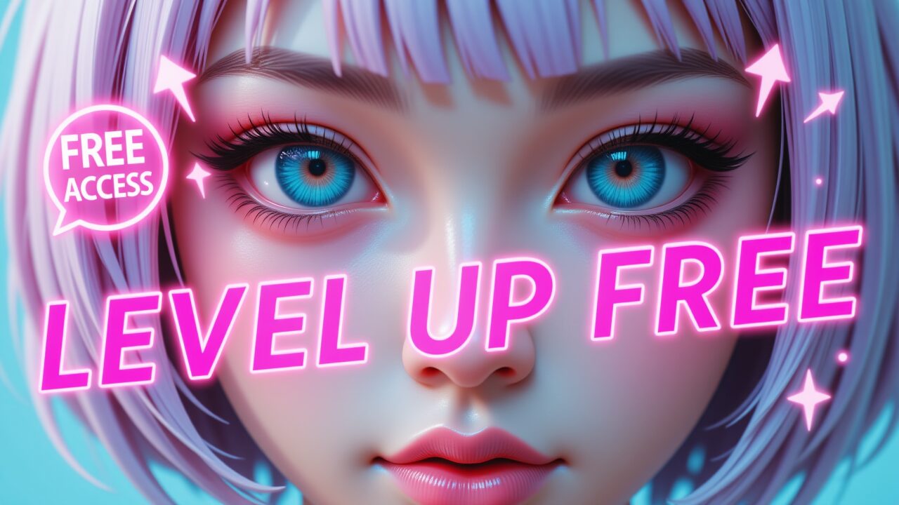 紫髪のアニメ風女性の顔アップ。「LEVEL UP FREE」「FREE ACCESS」のネオン文字。AI変身動画のスキルアップ情報を提供する無料チャットマガジンを象徴。AI変身動画, チャットマガジン, 無料, スキルアップ, 最新情報