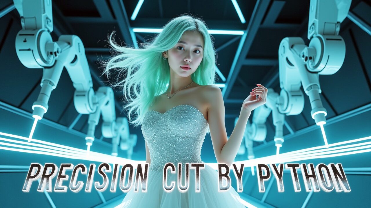 未来的な背景に立つミントグリーンの髪の女性とロボットアーム。「PRECISION CUT BY PYTHON」の文字は、記事で解説するPythonによる動画編集の自動化と精密なカット作業を象徴する。Python, 動画編集, 自動化, 精密加工