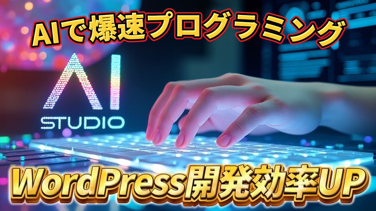 AI STUDIOのロゴと光るキーボード上でタイピングする手元。AIによる爆速プログラミングとWordPress開発効率向上をテーマにした画像。AI, プログラミング, WordPress, 開発効率, 爆速