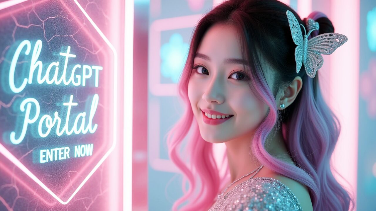 ピンク色の髪の女性が微笑み、「ChatGPT Portal ENTER NOW」と光るネオンサインが講座への入り口を示す画像。ChatGPT入門講座の目次ページで使用。ChatGPT, 入門講座, ポータル, 目次