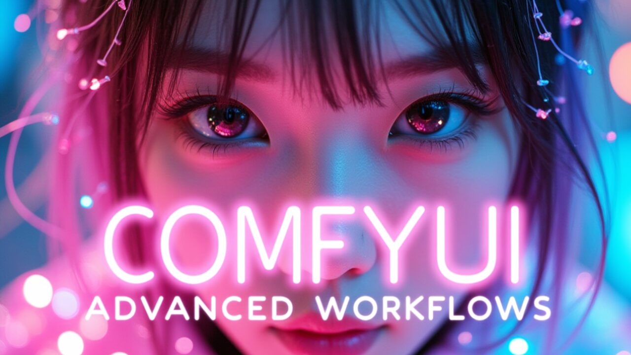 ピンクとブルーのネオン光に照らされた女性の顔の前に「COMFYUI ADVANCED WORKFLOWS」の文字が表示された画像。ComfyUIを使った高度な画像生成ワークフローを紹介する記事のアイキャッチ。ComfyUI, 画像生成, Stable Diffusion, ワークフロー