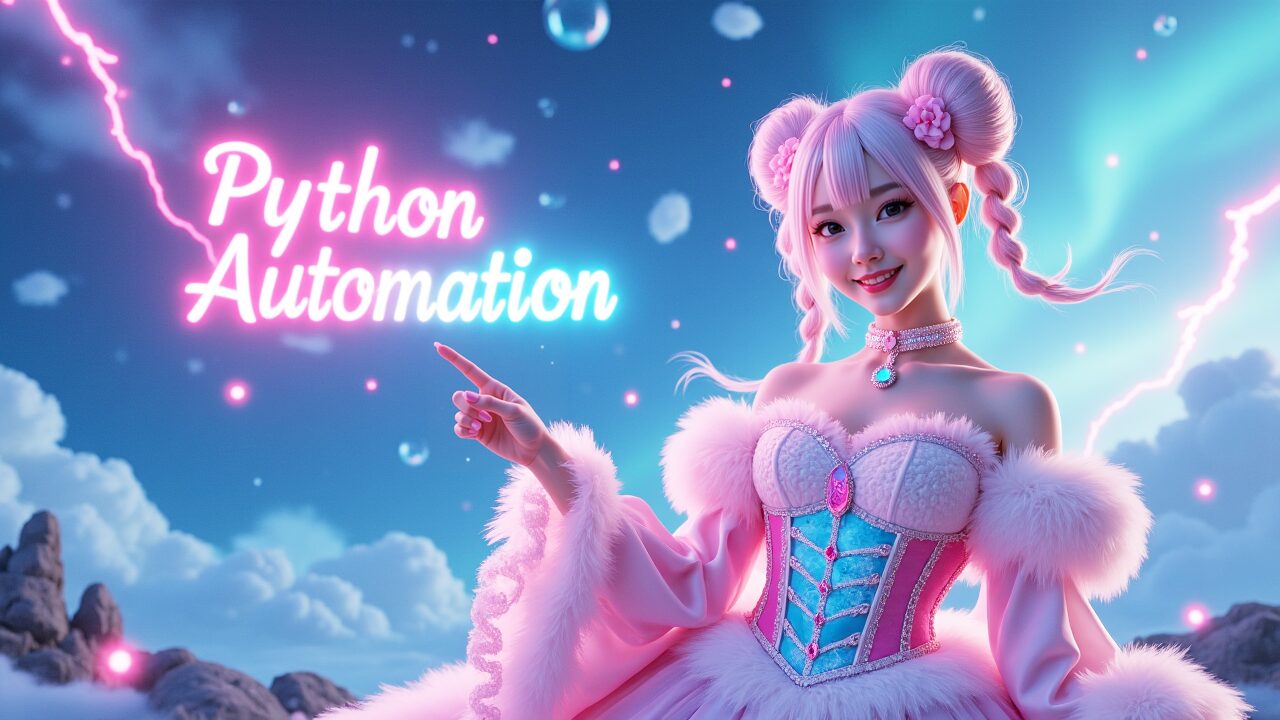 ピンク髪の女性が「Python Automation」のネオンを指差す。Pythonによる動画編集自動化の環境構築（FFmpeg, moviepy）解説記事の導入画像。Python 自動化, 動画編集, FFmpeg, moviepy