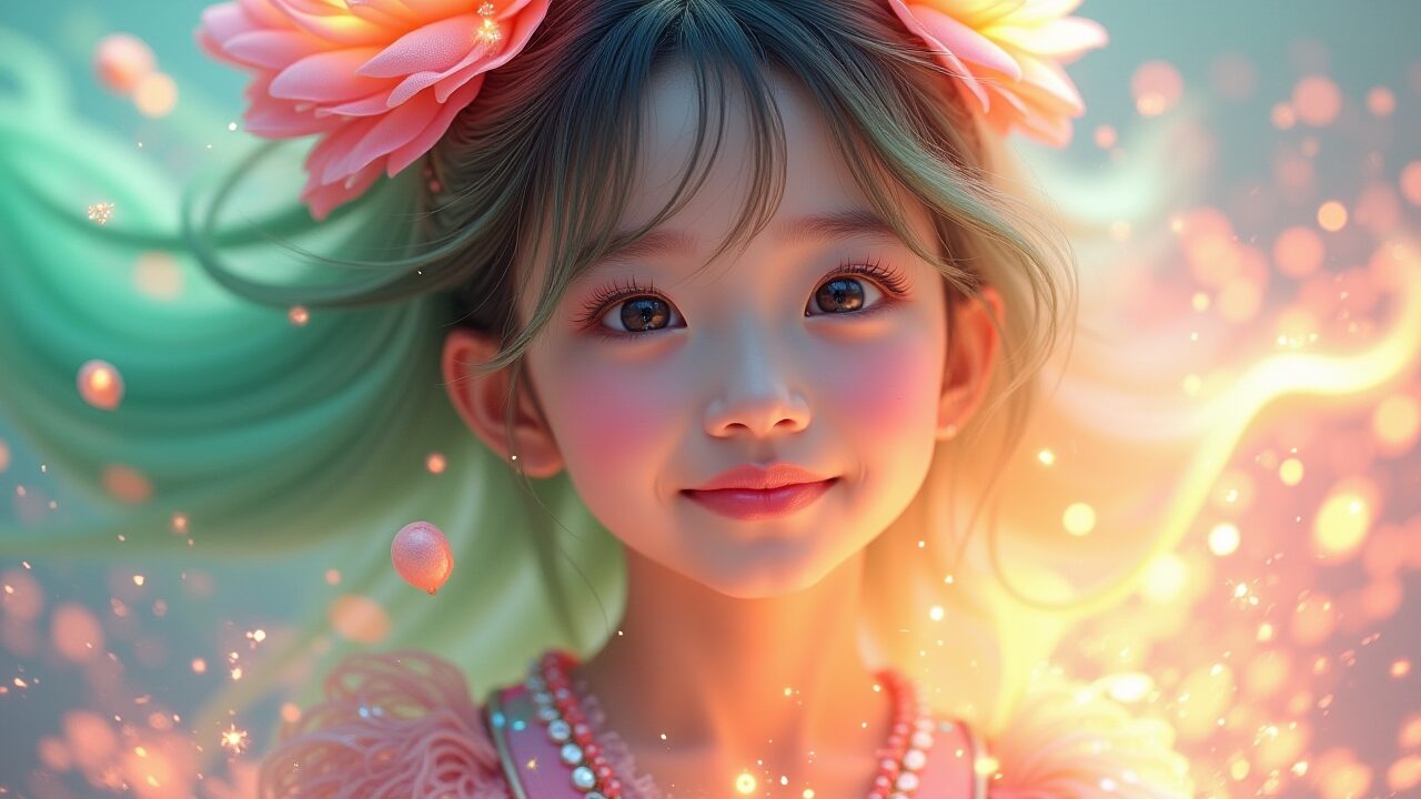 暖かい光とボケ背景に、ピンクの花飾りをつけた緑がかった髪の女の子が優しい笑顔を見せる。