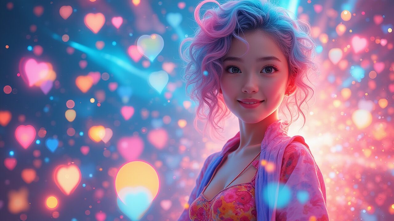 ピンクや水色のハート型ボケ背景に、ピンクと水色カールヘアの女性が笑顔で見つめる。
