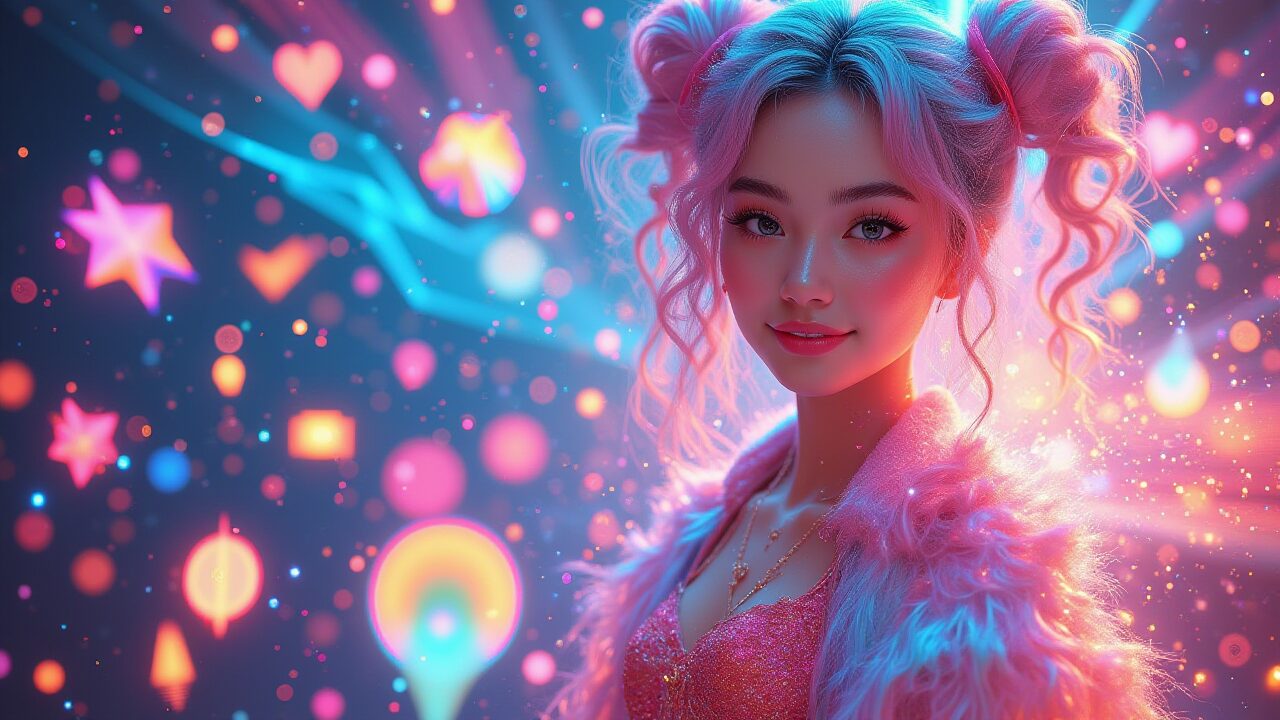 ピンクと水色のネオンライトとボケ背景に、ピンク色のツインテールの女性が華やかな衣装で微笑む。