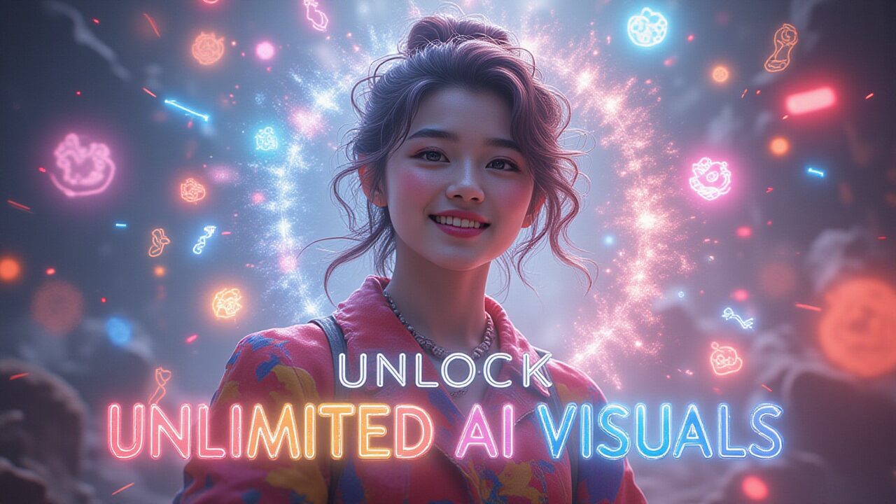 カラフルな光の粒子とネオン背景に、カジュアルな服装の女性が明るく微笑む。「UNLOCK UNLIMITED AI VISUALS」の文字。