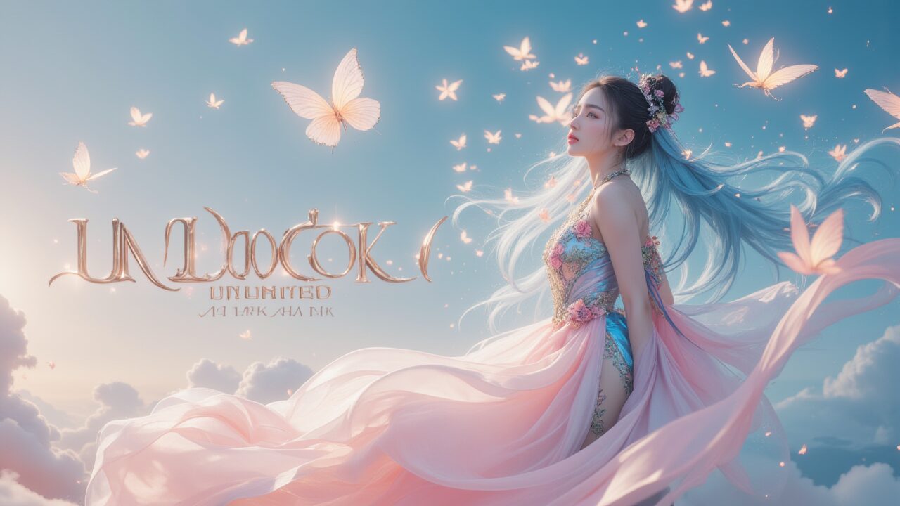 青空と雲背景に、風になびくピンクドレスの青髪女性が横顔を見せる。前面に「UNLOCK」のデザイン文字。