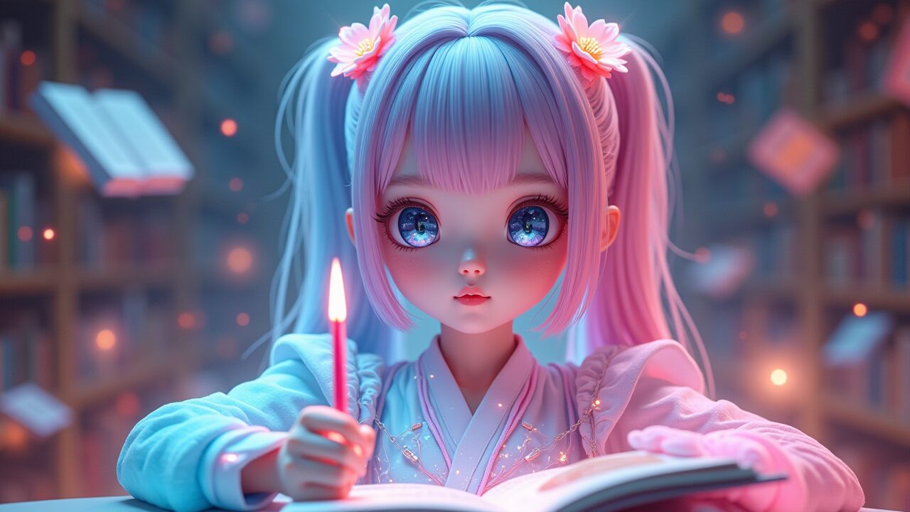 浮遊する本がある図書館でピンクと水色髪のアニメ風キャラクターが光るペンを持つ。ファンタジー調。