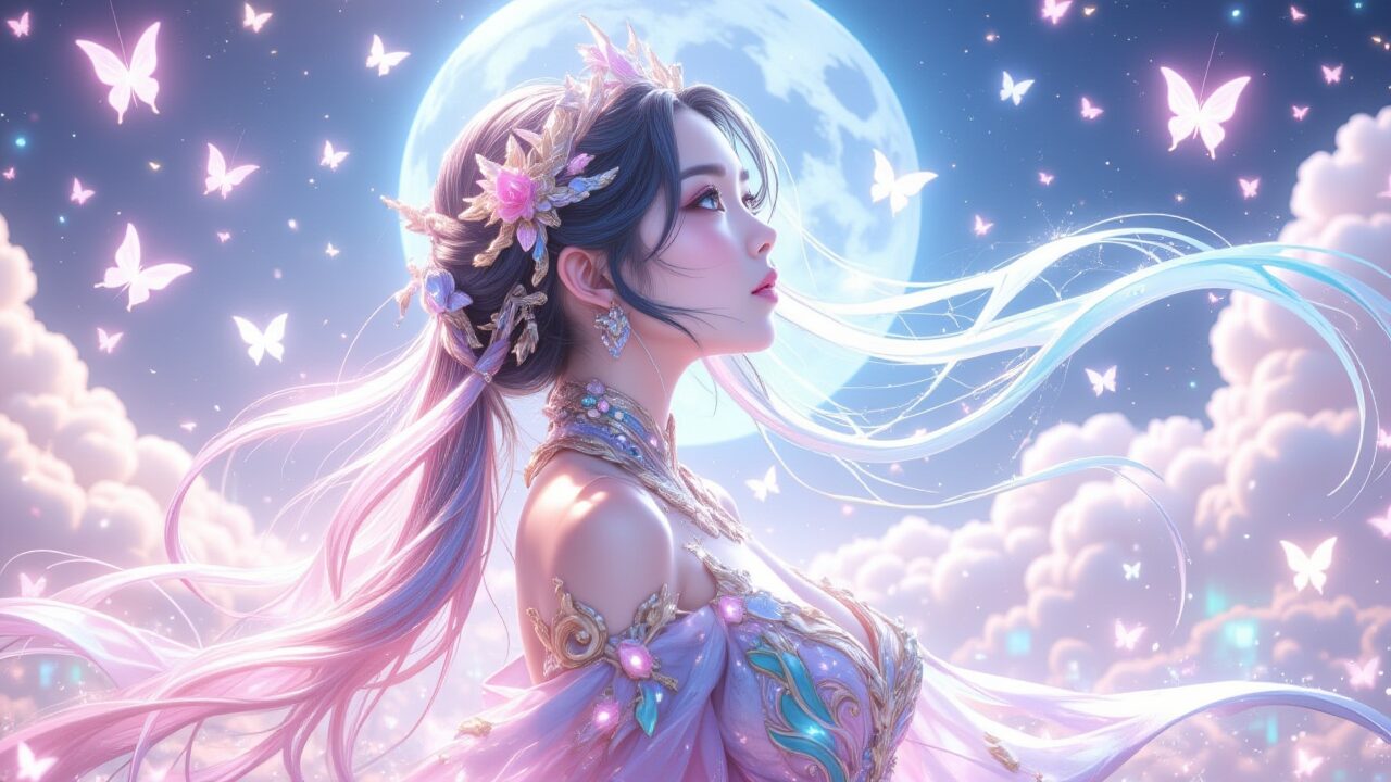 満月と蝶が舞う幻想的な夜空背景に、黒髪ロングの美しい女性が華やかな衣装と髪飾りで横顔を見せる。