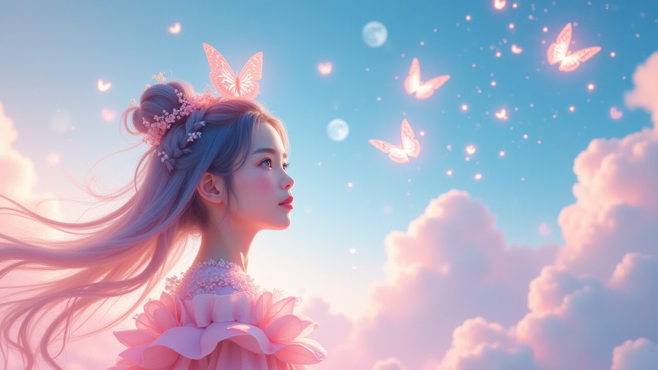 蝶が舞う青空と白い雲背景に、花飾りをつけたピンク髪の女性が優しい表情で横顔を見せる。