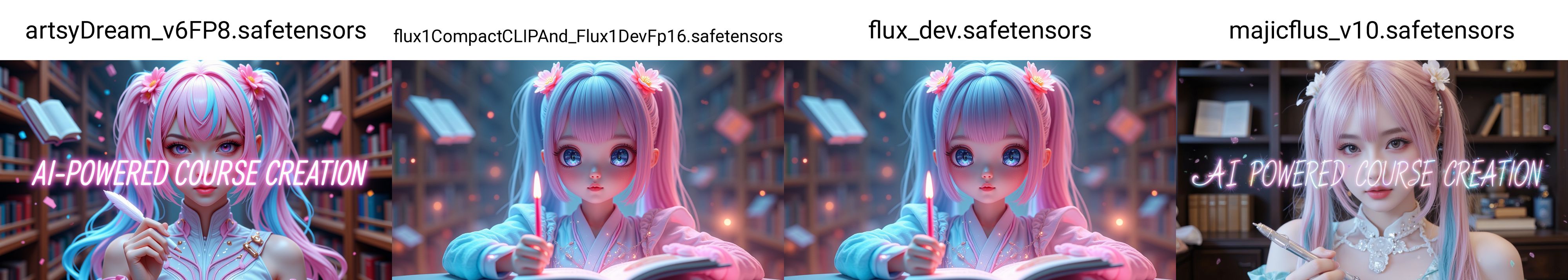 Stable Diffusion FLUXモデル4種の比較(4)：「幻想図書館とデジタルペン」をテーマにした画像生成結果を横に並べたXYZ Plot画像。