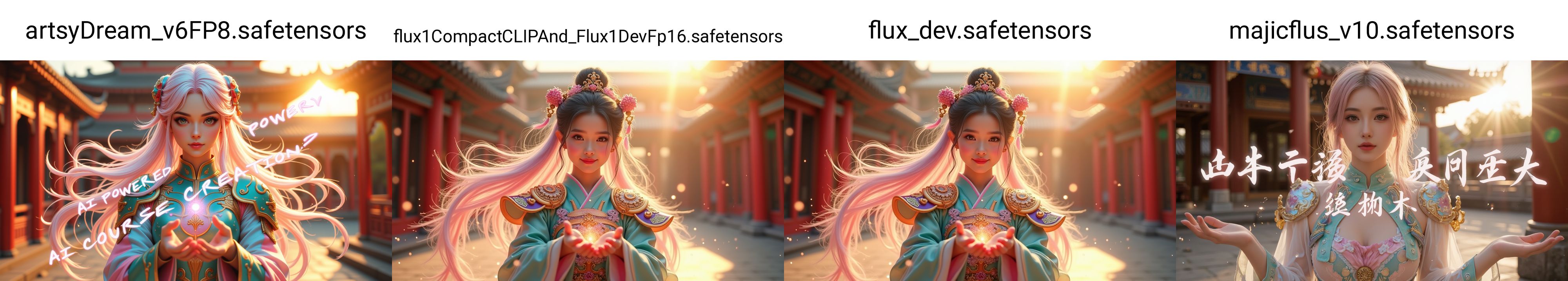 Stable Diffusion FLUXモデル4種の比較(5)：「宮殿の中庭にて」をテーマにした画像生成結果を横に並べたXYZ Plot画像。
