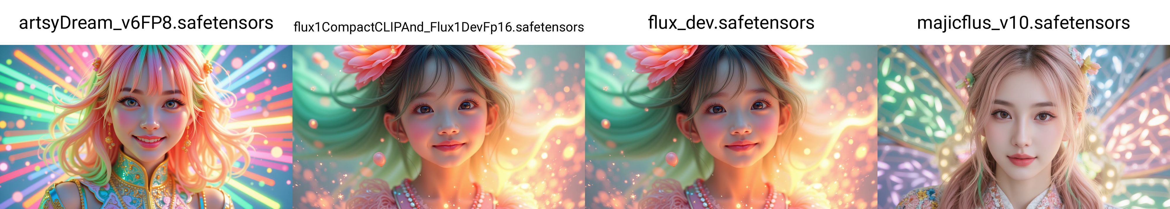 Stable Diffusion FLUXモデル4種の比較(3)：「笑顔のクローズアップと光」をテーマにした画像生成結果を横に並べたXYZ Plot画像。