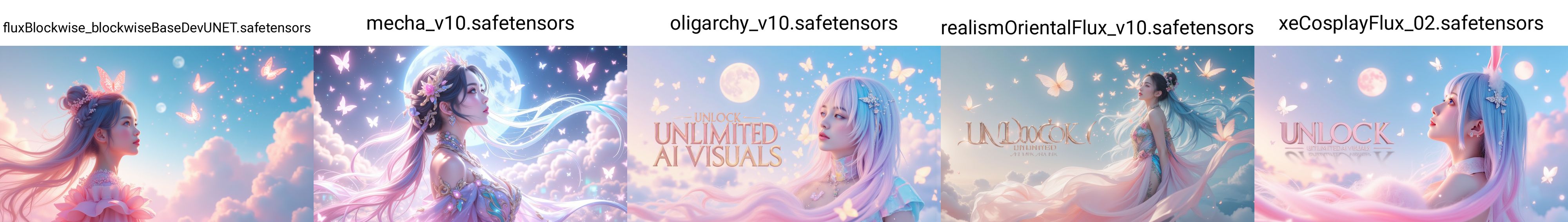 Stable Diffusion FLUXモデル5種の比較(1)：「幻想的な空と蝶々」をテーマにした画像生成結果を横に並べたXYZ Plot画像。