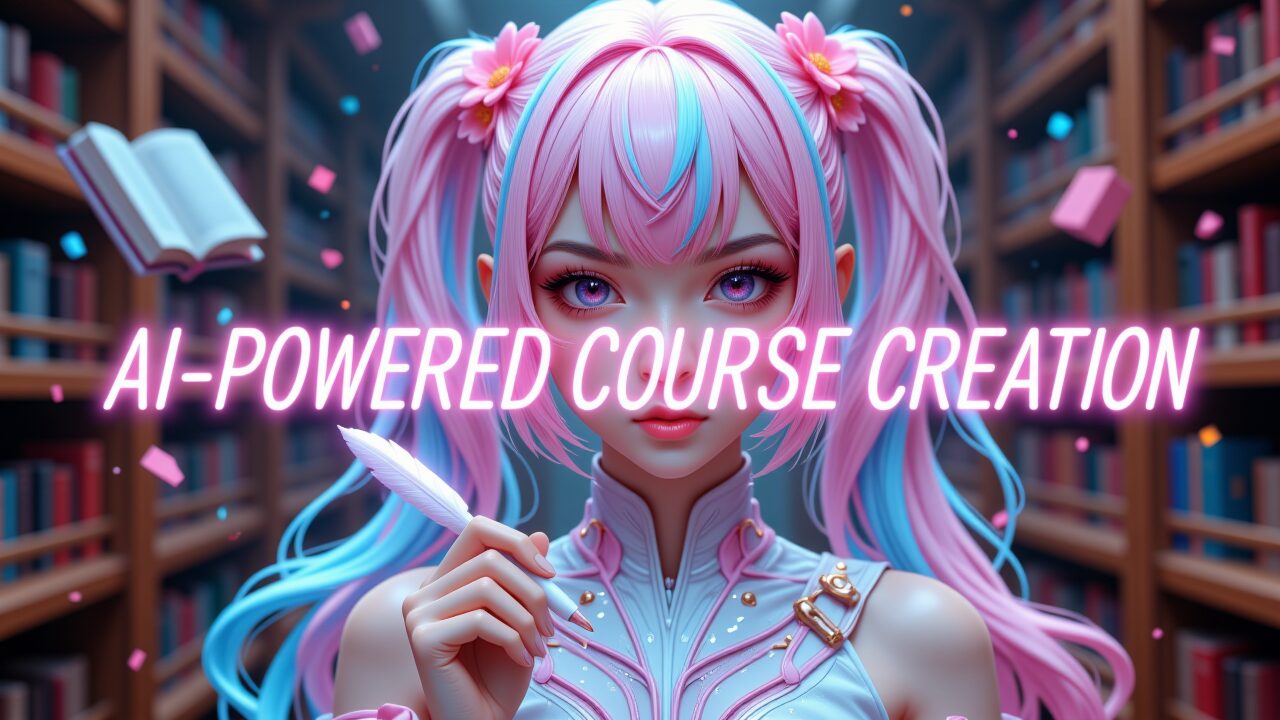 図書館で未来的な衣装のピンクと水色ツインテール女性が羽ペンを構える。「AI-POWERED COURSE CREATION」のネオン文字。