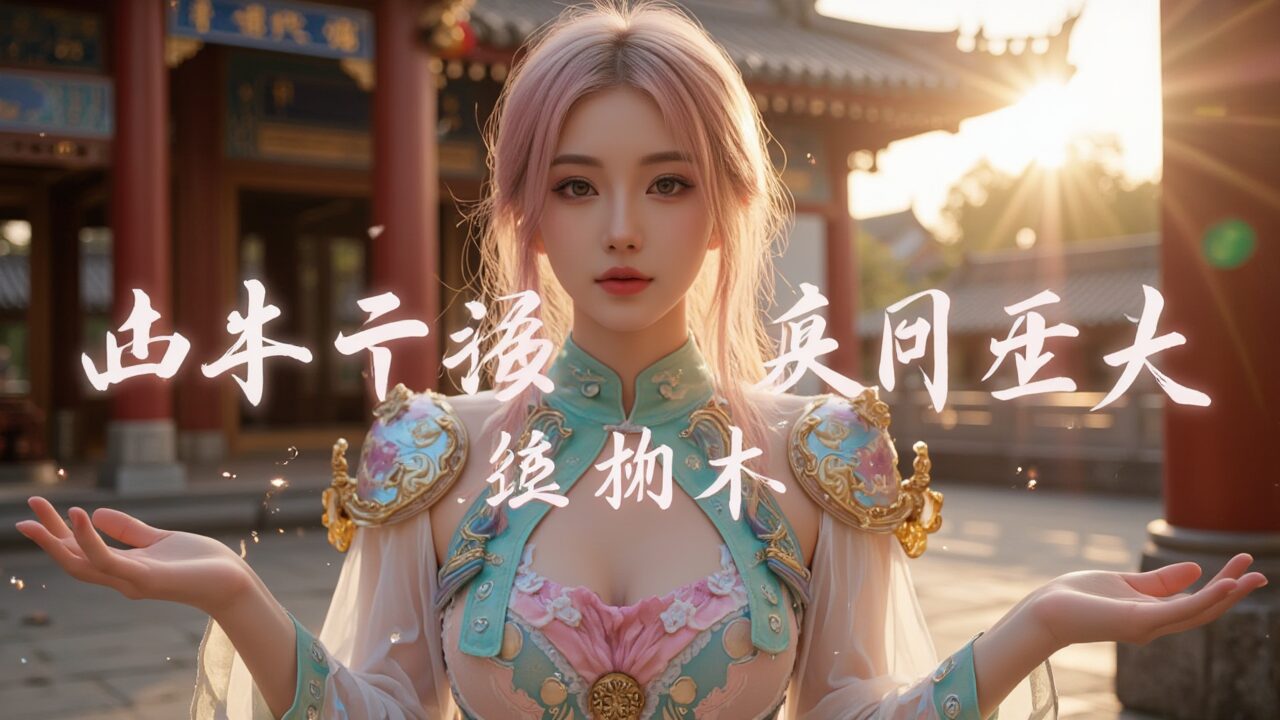 夕暮れの中国宮殿風の中庭で、ピンク髪の女性がファンタジー衣装で両手を広げる。前面にデザイン文字。