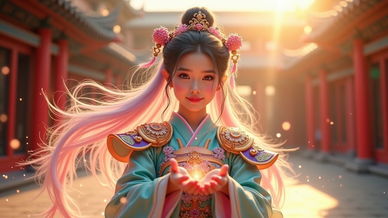 夕暮れの中国宮殿風の中庭で、ピンク髪の女性がファンタジー衣装で手のひらに光を集める。