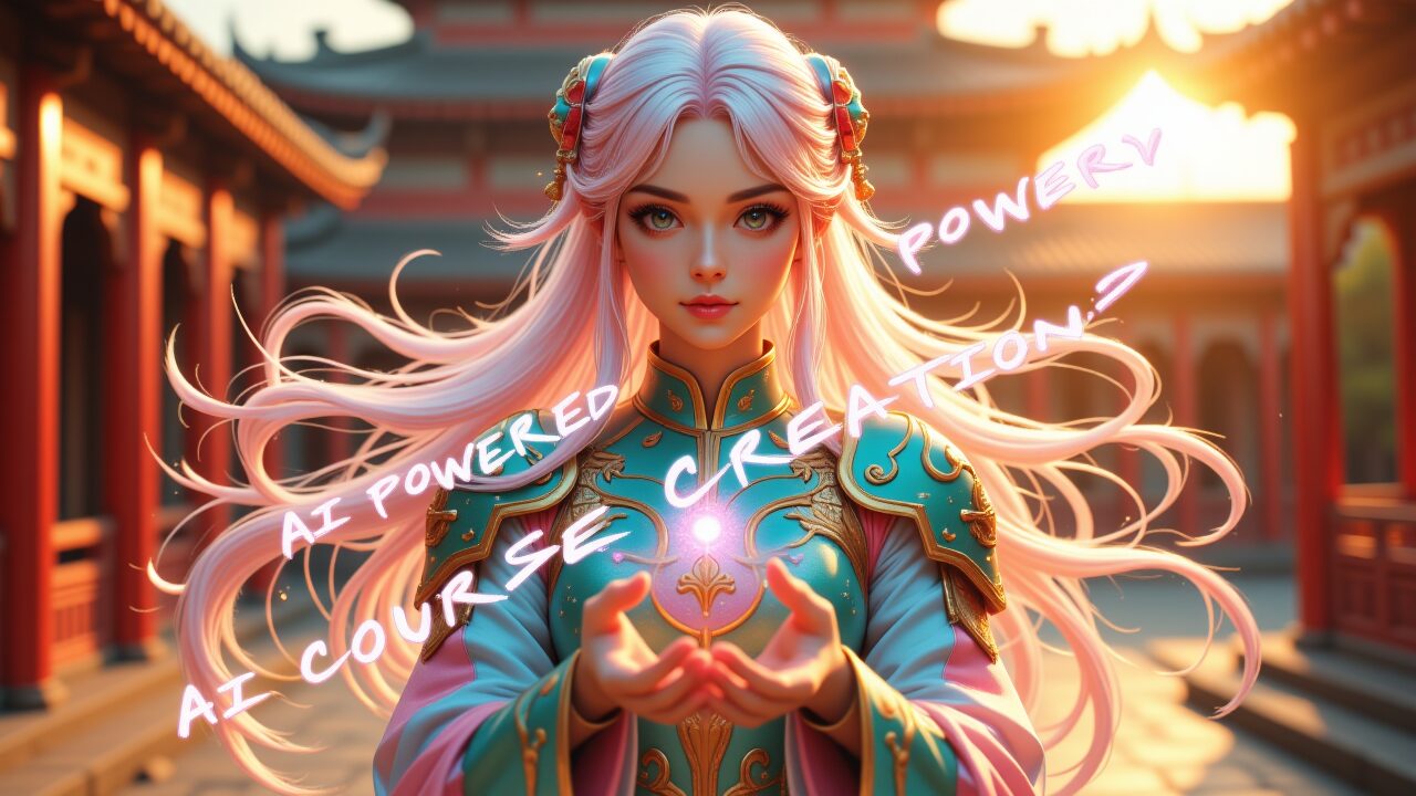 夕暮れの中国宮殿風の中庭で、ピンク髪の女性がファンタジー衣装で手のひらに光を集める。「AI POWERED COURSE CREATION?」の文字。