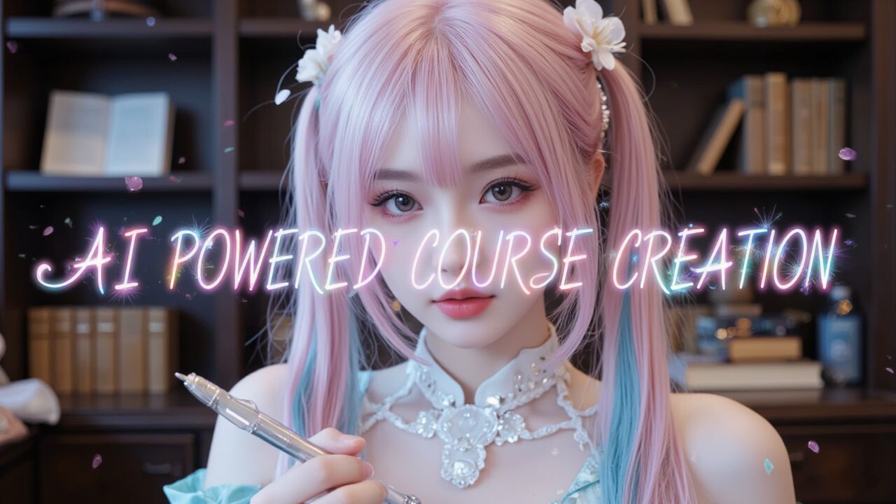 幻想的な図書館でピンクと水色のツインテールのアイドル風女性がペンを持つ。「AI POWERED COURSE CREATION」のネオン文字。