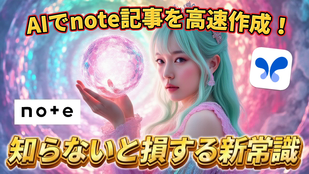 AI（Gemini Pro）を活用したnote記事の高速作成・効率化を紹介する記事のサムネイル。水色の髪の女性が光る球体を持ち、「AIでnote記事を高速作成！」「知らないと損する新常識」と書かれている。note, Google AI Studio, AI 記事作成, Gemini Pro, 効率化