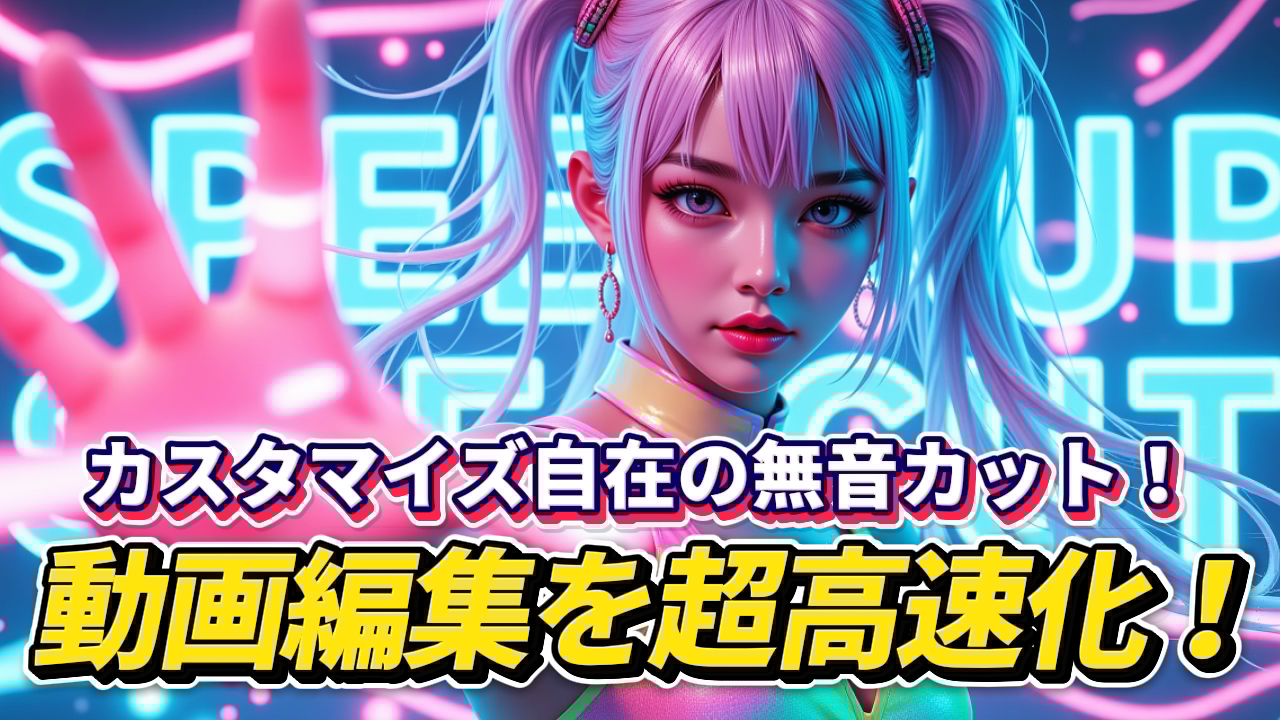 サイバーパンク風の女性キャラが「カスタマイズ自在の無音カット！動画編集を超高速化！」と示す画像。OKIHIROカッターによる効率的な無音カット作業と、そのカスタマイズ機能による動画編集の高速化を象徴する。動画編集, 無音カット, 高速化, OKIHIROカッター, カスタマイズ