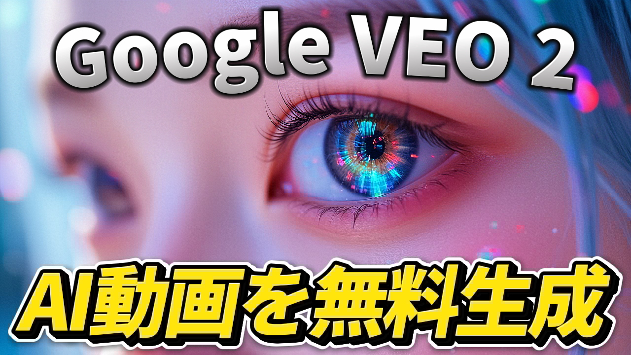 未来的な光を映す女性の目に「Google VEO 2」と「AI動画を無料生成」の文字が重なる画像。Google AI Studioの新機能であるVEO 2を使った無料のAI動画生成を紹介する記事のサムネイル。Google VEO 2, AI動画生成, Google AI Studio, 無料, text-to-video