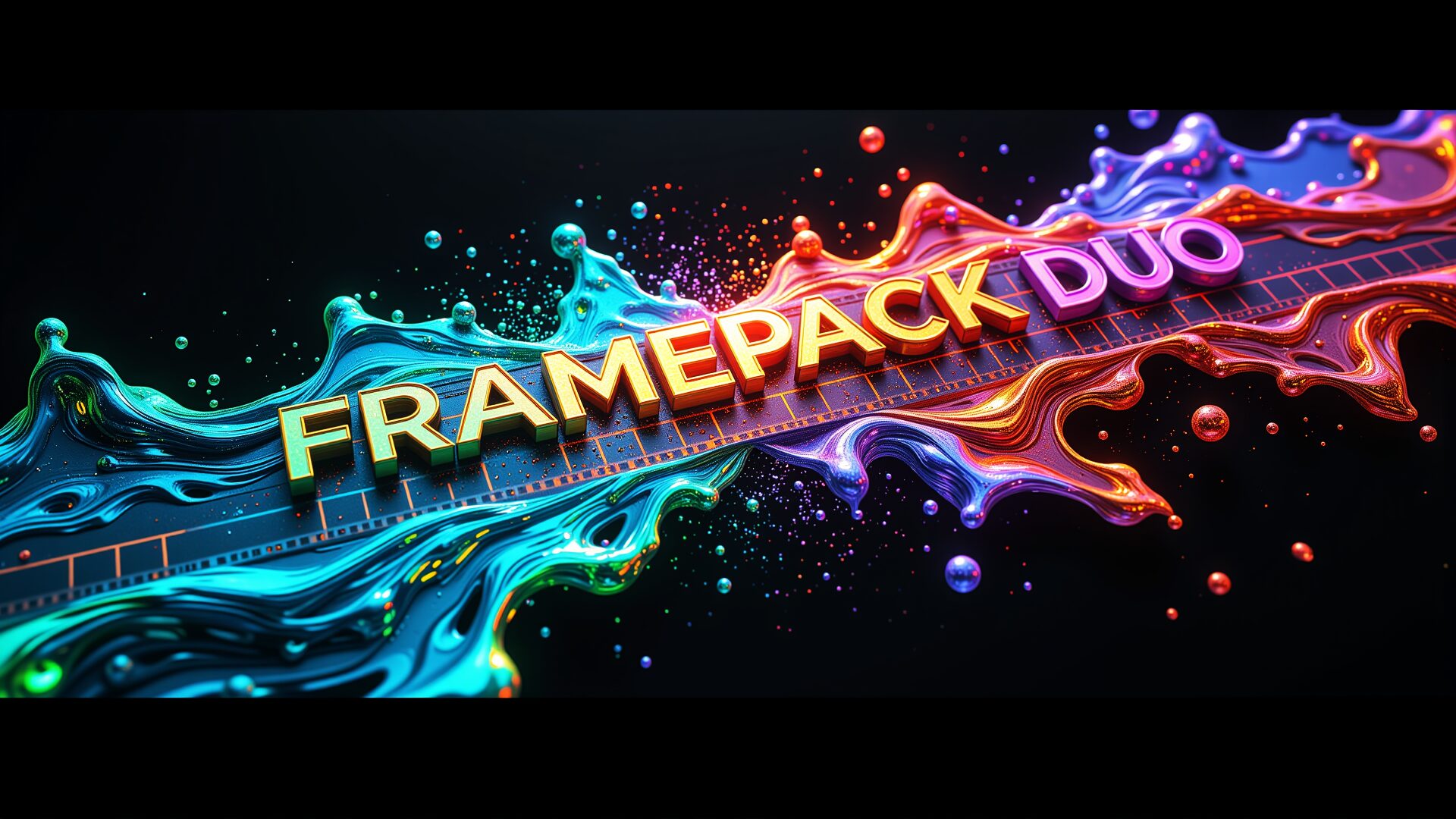 カラフルな液体が飛び散る背景に「FRAMEPACK DUO」の3D文字が配置されたAI動画生成ツールセットのイメージ画像です。FramePack DUO, AI 動画生成, Colab, 動画編集, モーフィング