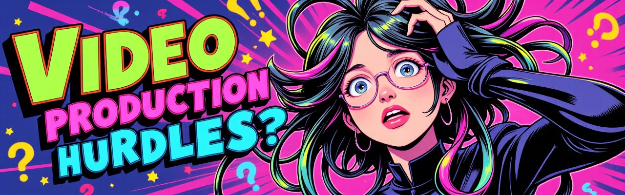 「VIDEO PRODUCTION HURDLES?」というテキストと、頭を抱え困った表情を浮かべるメガネの女性のイラスト。NotebookLM音声からのAI動画編集サービスが、動画制作の様々な課題や悩みを解決することを視覚的に表現。AI動画編集, NotebookLM, 動画制作 悩み, フルテロップ, 顔出し不要