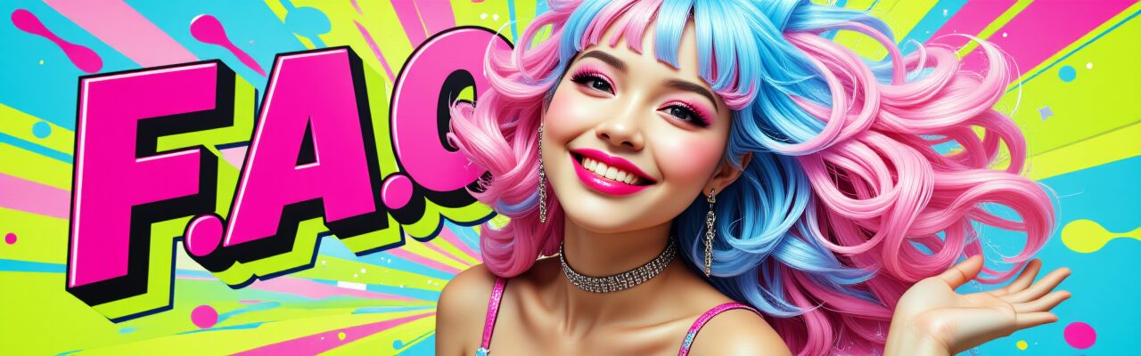「FAQ」の文字とカラフルな髪の女性のイラスト。AI動画編集サービスの納期、修正、AI画像生成、支払い方法など、よくある質問とその回答を紹介するセクションのアイキャッチ。AI動画編集, FAQ, よくある質問, サービス, 納期