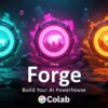 SF風の背景に、AI画像生成モデルFLUX、Pony、SD1.5を示す3つの発光エンブレムと中央に「Forge」の文字、下部にColabロゴが配置された、Stable Diffusion Forge環境構築セットのアイキャッチ画像。Stable Diffusion Forge, AI画像生成, Colab, FLUX, Pony