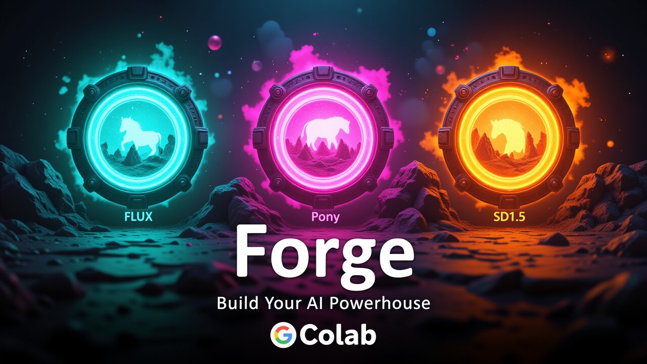 SF風の背景に、AI画像生成モデルFLUX、Pony、SD1.5を示す3つの発光エンブレムと中央に「Forge」の文字、下部にColabロゴが配置された、Stable Diffusion Forge環境構築セットのアイキャッチ画像。Stable Diffusion Forge, AI画像生成, Colab, FLUX, Pony
