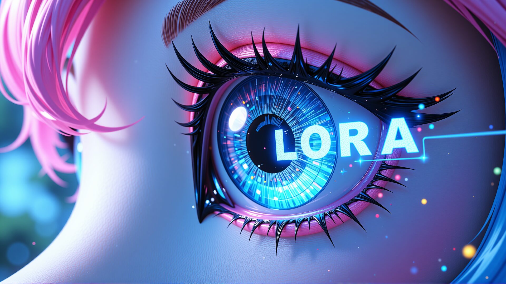 ピンク髪のキャラクターの瞳に「LORA」の文字が輝くAIイラスト。FLUXやPonyでのLoRA学習を象徴する。LoRA, AIイラスト, キャラクター, FLUX, Pony