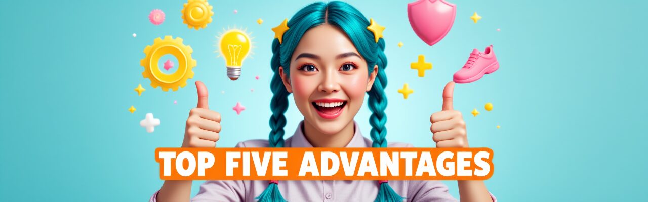 「TOP FIVE ADVANTAGES」の文字と、笑顔で親指を立てる女性のイラスト。背景には電球や歯車などのアイコン。AI動画編集サービスの5つのメリット(NotebookLM音声特化、フルテロップ、AI画像提供、最短即日納品、プロ担当)を視覚的に表現。AI動画編集, メリット, NotebookLM, 動画制作, サービス
