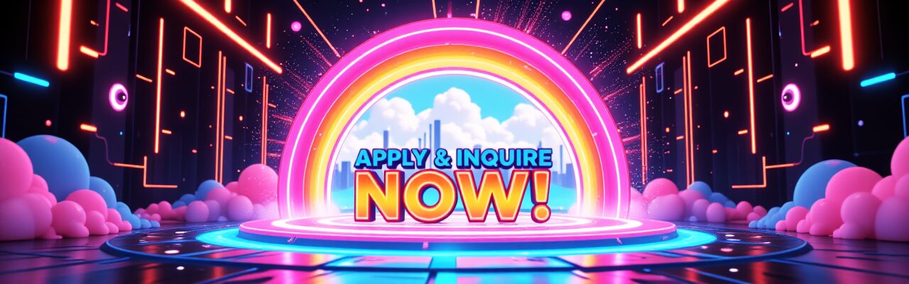 ネオン輝くステージ中央に「APPLY & INQUIRE NOW!」の文字。AI動画編集サービスへの申し込み・問い合わせを促す画像。AI動画編集, NotebookLM, 動画制作 申し込み, 問い合わせ, AI動画サービス