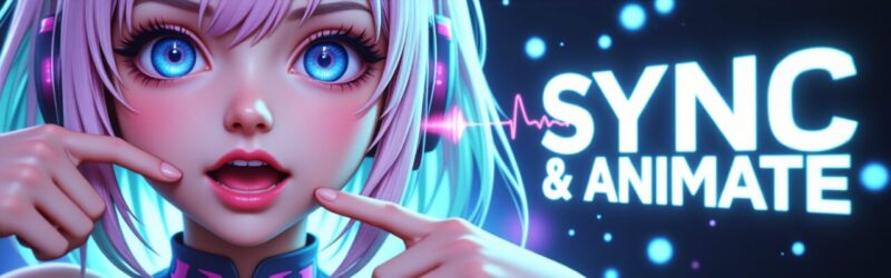 ピンク髪のアニメ調キャラクターがヘッドフォンを装着し、指で口角を指し口を開けている。背景に「SYNC & ANIMATE」の文字と光るエフェクト。Wav2Lipでどんな顔画像も喋り出すリップシンク動画作成ツールを紹介する記事のアイキャッチ。リップシンク, Wav2Lip, 動画作成, 顔画像, SYNC & ANIMATE