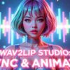 ピンクと水色の髪の女性が正面を向き、背景にオーディオイコライザーが表示されたWav2Lip Studioの紹介画像。「WAV2LIP STUDIO: SYNC & ANIMATE」の文字。リップシンク動画作成ツール。Wav2Lip, リップシンク, 動画作成, アニメーション, Colab