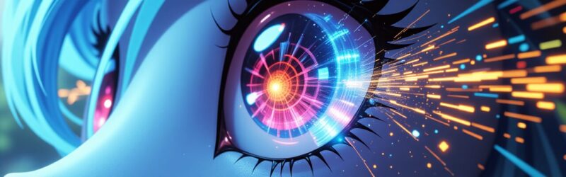 青髪キャラクターの瞳にサイバーエフェクトが輝き、光が迸るAIイラスト。LoRA学習によるAI技術の進化を象徴。LoRA, AI, FLUX, Pony, サイバーエフェクト